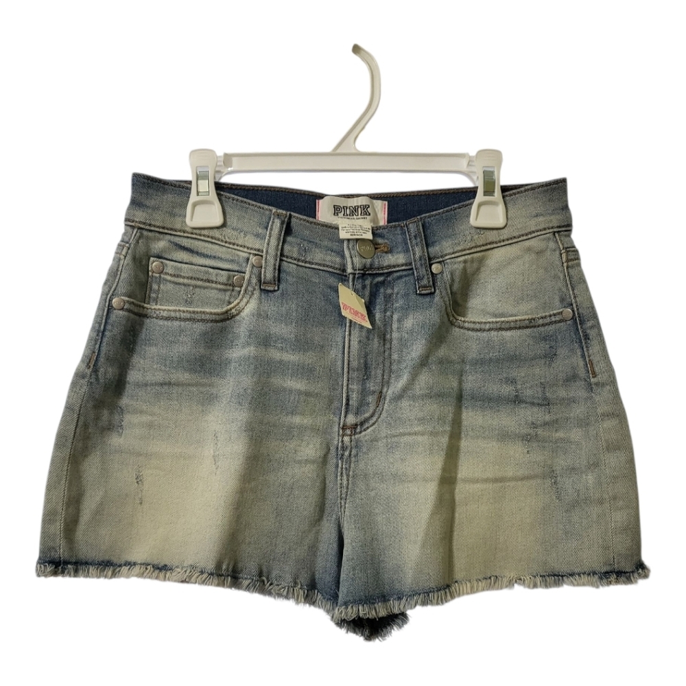 💕Pink Victoria’s Secret high waist Distressed Denim shorts Womens Size 4 New